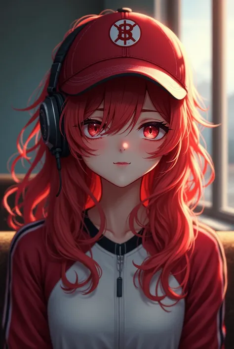 headphones,cap,sitting a bench,training wear,(ultra detailed perfect piece:1.2), masterpiece, (extremely detailed 8k), (very fine 8K ),(1woman:1.2), (red hair), middle hair, wavy hair, hair over one eye, sparkling,