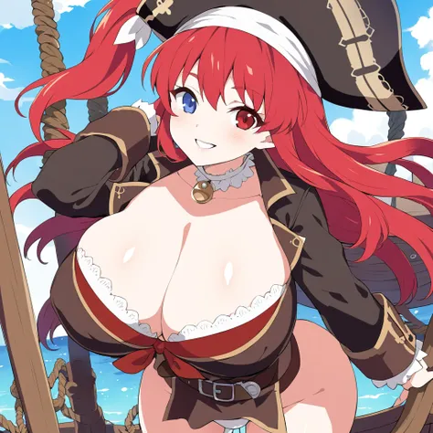 anime girl, sexy appearance, pirate appearance, pirate girl, long hair, straight red hair, short clothes, sexy clothes, sexy pirate clothes, sensual appearance, beautiful, sexy body and big breasts, pale skin, heterochromia eyes, confident smile, sexy body...