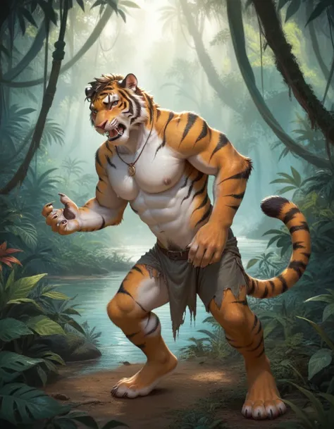 score_9, score_8_up, score_8, solo, a man morphing into an anthro tiger, jungle, transformation, furry, anthro, mid transformation