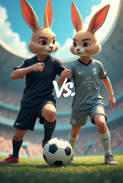 Ok look at the poster it&#39;s an advertisement for a soccer game, I want you to use a rabbit or a human with a rabbit head and an all-black uniform on the one hand., and on the other side uses a human child (headless rabbit) who likes algebra and put math...