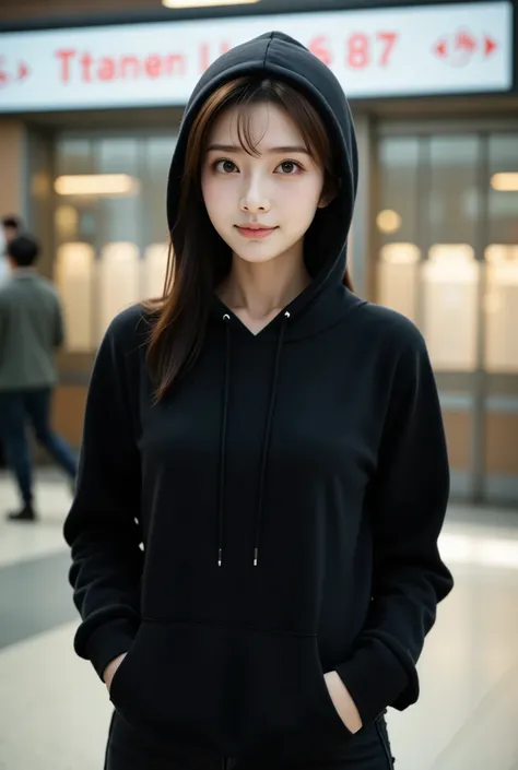 ((uhd)),a portrait photo of a cute east-asian woman wearing a black hoodie with the hood up, both hands in her pockets, and blac...