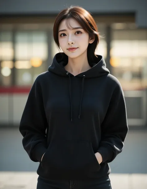 ((uhd)), a portrait photo of a cute east-asian woman wearing a black hoodie with the hood up, both hands in her pockets, and bla...