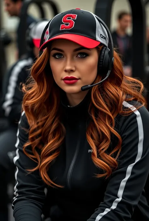 headphones,cap,sitting a bench,training wear,(ultra detailed perfect piece:1.2), masterpiece, (extremely detailed 8k), (very fine 8K ),(1woman:1.2), (red hair), middle hair, wavy hair, hair, sparkling,