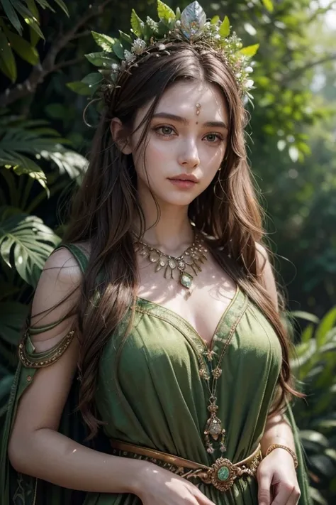 a goddess of the earth wearing green and brown clothes, jewelry on the head, a granite club with jewels encrusted, fresh leaves and branches growing on her body, full body focus, detailed facial features, hyper realistic, photorealistic, 8k, high quality, ...