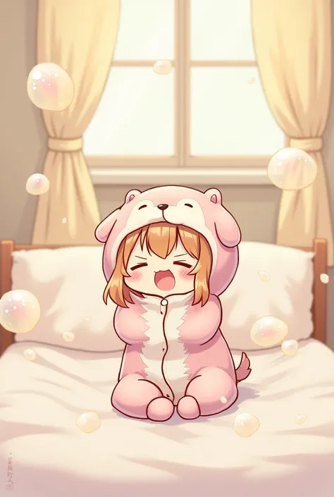 best quality,
(solo,chibi:1.2),cute,sleepy,fluffy animal hood pajamas,yawning,wariza,on bed,
indoors,bedroom,bubble,