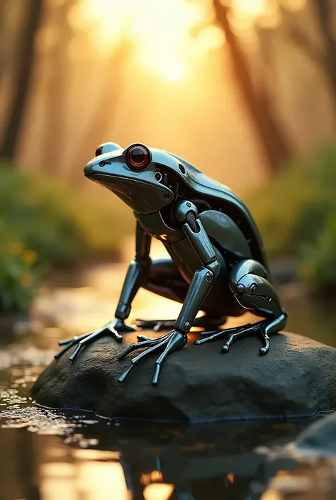 A sleek futuristic cybernetic frog perches gracefully on a smooth river rock in the middle of a small stream, its webbed robot feet dangling just above the tranquil waters, The serene scene is bathed in warm hues as the sun sets in the distance, casting an...