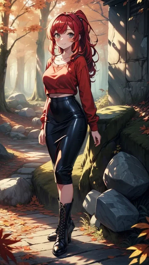 ((((masterpiece, best quality:1.3, high detail)))), 1girl, beautiful woman, long wavy hair, (red hair), low ponytail, (small breasts), (white sweatshirt), (black midi pencil (skirt)), long skirt:1.2, collarbone, sun, autumn forest, leaves, trees, stone, st...