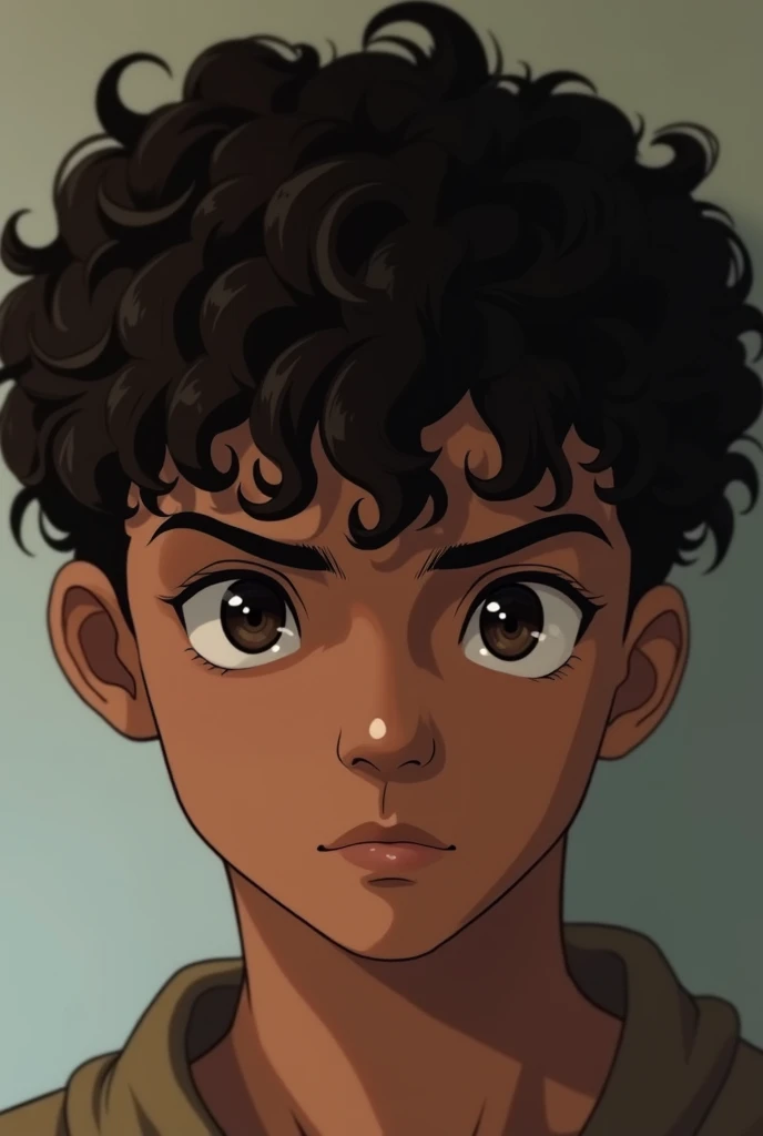 Teenage brown-skinned man with very dark brown curly hair and black anime eyes