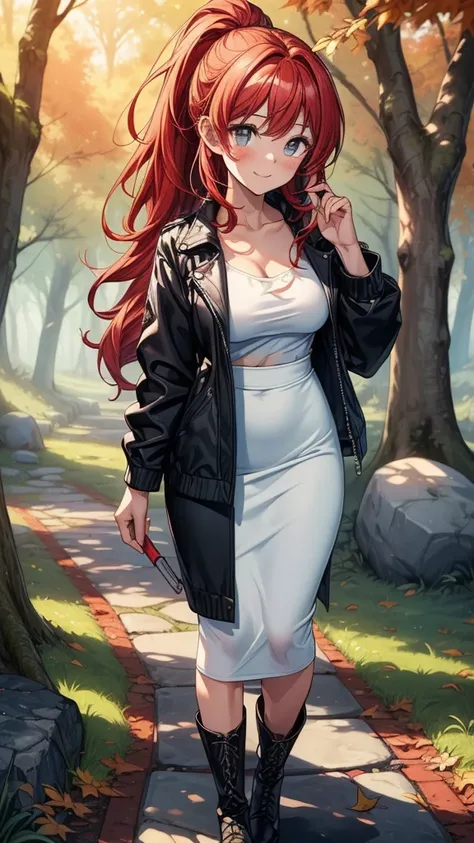 ((((masterpiece, best quality:1.3, high detail)))), 1girl, beautiful woman, long wavy hair, (red hair), low ponytail, (small breasts), (white blouse), (black midi pencil (skirt)), jacket, long skirt:1.2, collarbone, sun, autumn forest, leaves, trees, stone...