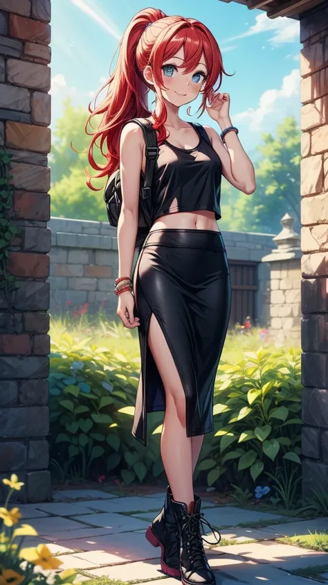 ((((masterpiece, best quality:1.3, high detail)))), 1girl, beautiful woman, long wavy hair, (red hair), low ponytail, (small breasts), (white tank top), (black midi pencil (skirt)), long skirt:1.2, collarbone, midriff, multiple bracelets, (wearing backpack...