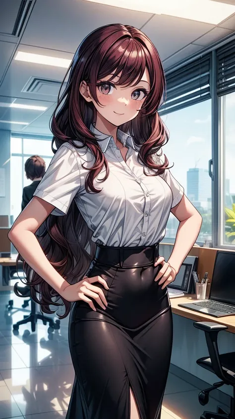 ((((masterpiece, best quality:1.8, high detail)))), beautiful business woman (walking), bright eyes, light smile, looking at viewer, solo focus,, long ((wavy hair)), ((dark burgundy hair)), ((white collar shirt short sleeves)), (black midi pencil (skirt)),...