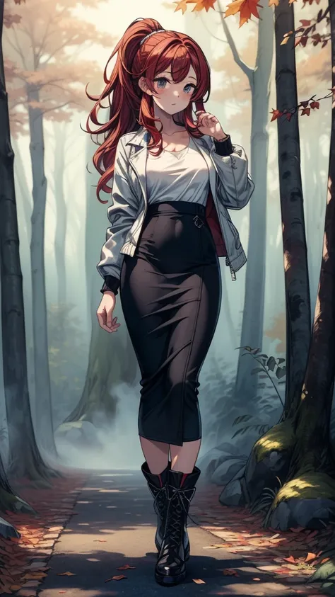 ((((masterpiece, best quality:1.3, high detail)))), beautiful woman, long wavy hair, (dark red hair), low ponytail, (small breasts), (white blouse), (black midi pencil (skirt)), jacket, long skirt:1.2, collarbone, (fog), autumn forest, leaves, trees, stone...