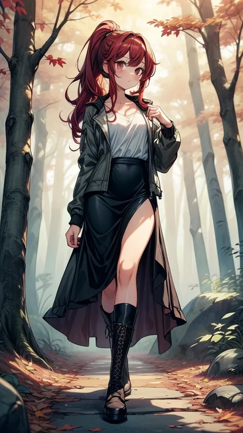 ((((masterpiece, best quality:1.3, high detail)))), beautiful woman, long wavy hair, (dark red hair), low ponytail, (small breasts), (white blouse), (long black skirt), jacket, long skirt:1.2, collarbone, (fog), autumn forest, leaves, trees, stone, ((lower...