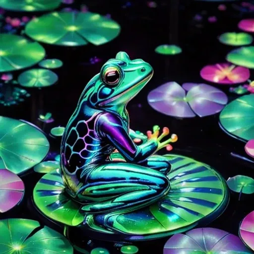 a iridescent frog 90s style retrowave sitting on a glossy vibrant iridescent lily pad in the middle of an electric neon pond