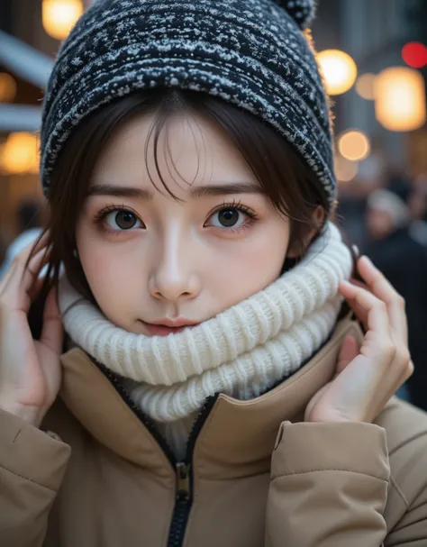 wearing a black and white  knit ski hat, light gold wavy hair, bluish eyes, east asian girl, beautiful girl even without makeup,...