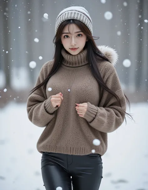 UHD, masterpiece, 1 east asian woman with long wavy hair wearing a wool turtleneck sweater, a bonnet on the head and tight pants, 2, she’s a playboy magazine model, (action pose throwing snowballs:1.0), having a great fun playing Snowball Fight, smile, hap...