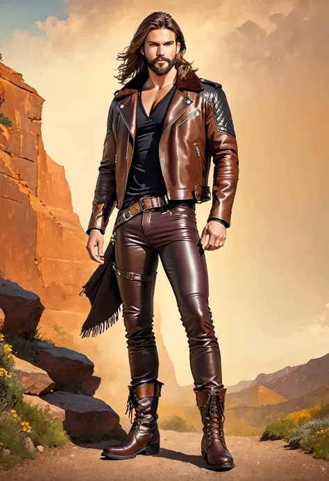 
Hunter, brown long hair, beard, wearing leather jacket, leather pants, boots
