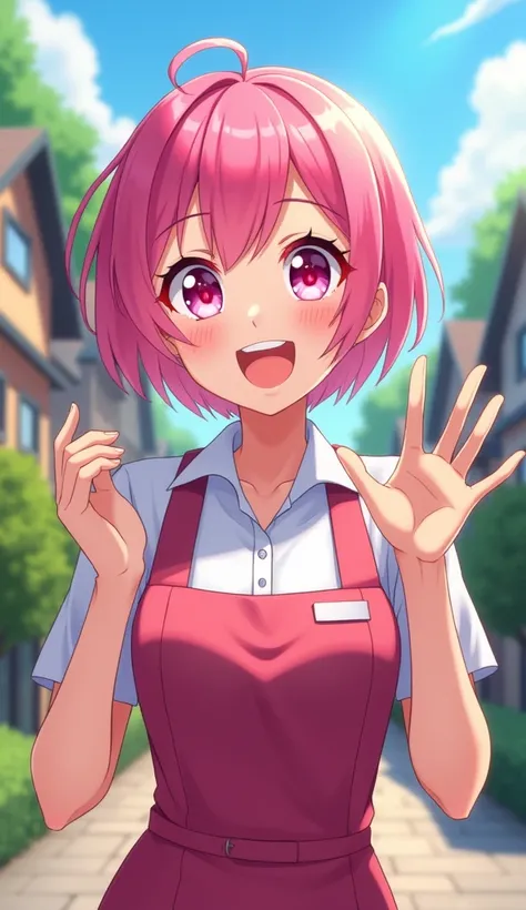 1 , short hair, Pink hair, pink eyes, happy,  waving with one hand, with work uniform, neighborhood and houses background 