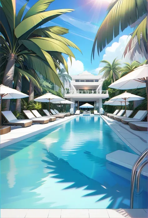 A luxurious poolside lounge area at a 5-star resort. White cabanas, sun umbrellas, lounge chairs. Sparkling pool, palm trees, tropical flowers. Relaxation, luxury, oasis.