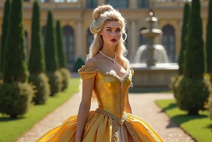 France in the era of the Musketeers (17th century), Young aristocrat in a golden dress with a corset and a fluffy skirt, standing in the garden of Versailles in the seventeenth century. Long blonde hair styled in a high updo with curls. There is a pearl ne...