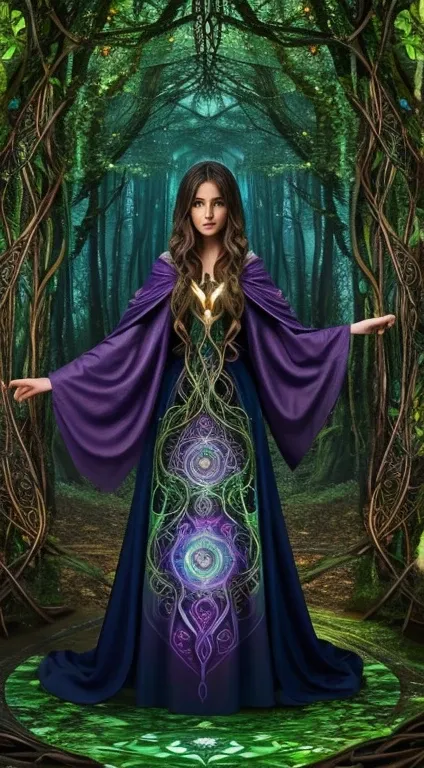 A sorceress-like figure in an enchanted forest, cloaked in robes made of intertwined vines and enchanted flora, her hands conjuring a swirling vortex of elemental magic amidst a kaleidoscope of swirling colors.