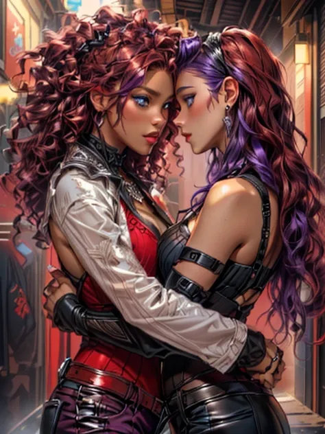 woman, red curly hair, brown eyes, dark skin, large , Wear red black punk clothes, passionately kisses a woman with purple hair, wears black clothes, blue eyes, Asian 