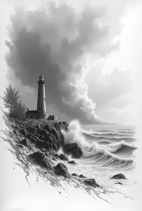 Lighthouse on a rocky coast under storm clouds drawn by pencil on white drawing paper，Sketch of rough sea waves