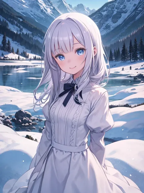 Superior Quality, Best Quality, Super detailed, One girl, Alone, Her hair is white., blue eyes, Mountain々, snow, day, smile, White Dress, White shirt