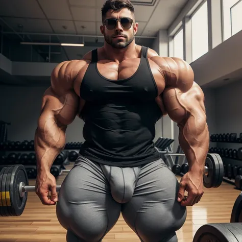 a very handsome man, sunglasses, muscular, wearing a black tank top with gray leggings, standing sideways in a gym, massively large biceps, very large pecs, hard big bulge vpl, hard vpl, super big huge bulge, vpl, bara