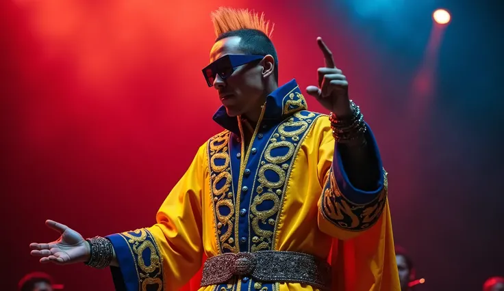 Andorra as a white man 2000´s white race rapper singer in navy blue, yellow and red colors. intricated costumes, rapper concert scenary