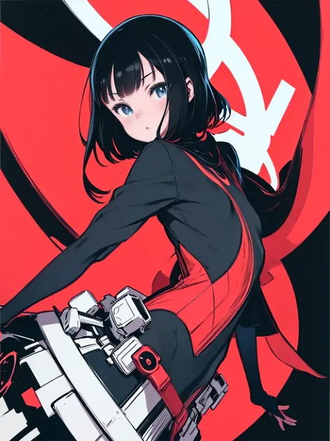 red_black_white,(masterpiece, Best Quality:1.3), 1 girl, Cel Shading, Bold outline, Flat Color, Sharp Shadows, Graphic Style, (manga influence), Beautiful line art, (Impressive visuals),Colorful background