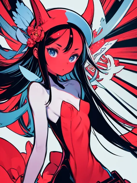 red_black_white,(masterpiece, Best Quality:1.3), 1 girl, Cel Shading, Bold outline, Flat Color, Sharp Shadows, Graphic Style, (manga influence), Beautiful line art, (Impressive visuals),Colorful background