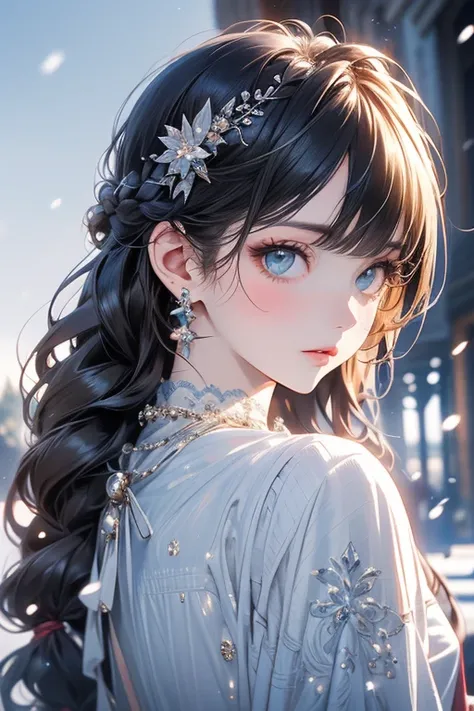 (masterpiece),(4K),High quality,girl,Braided silver hair,Beautiful detailed emerald eyes,Gorgeous sky blue one piece, (Very detailed and elegant), Magical colors and atmosphere, princess, Detailed skin, The background is soft and blurry,Add dramatic and sy...