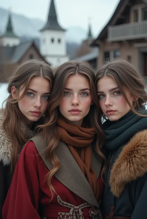 A group of Russian women in their 20s gathered together in a Russian setting with a focus on their faces.