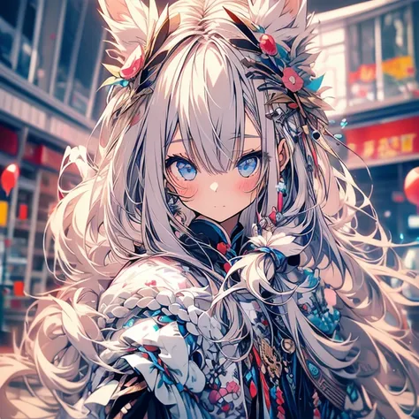 Best Quality、masterpiece、One Girl、child、Small breasts、Long Hair、Bunny Girl、Lots of presents and balloons、A little blush、Shy face、Beautiful Eyes、Bunny Ears、Silver Hair、Very delicate hair、cute