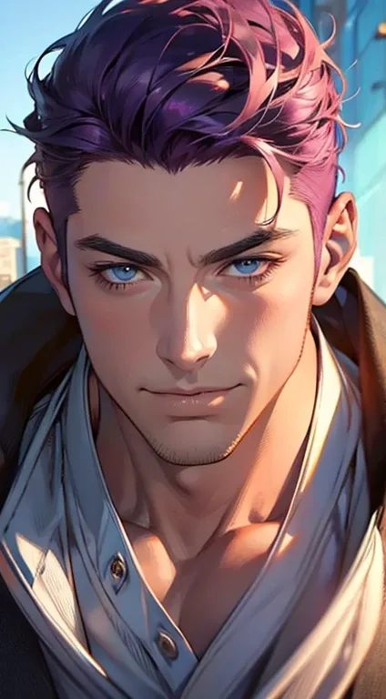 (best quality,4k,8k,highres,masterpiece:1.2),ultra-detailed,(realistic,photorealistic,photo-realistic:1.37),1 man,31 years old,mature man,very handsome,without expression,smile,short purple hair,blue eyes,penetrating gaze,perfect face without errors,imposi...