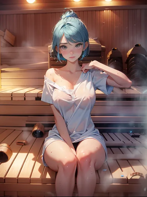 In 8K、Best Quality、masterpiece、Very detailed、Ultra-high resolution、((1 person))、beautiful girl、Beautiful eyes、Light blue hair、Short Bob、((((Sauna room))))、((sweat))、Red face、Cover your chest with a bath towel、((vapor))、hot