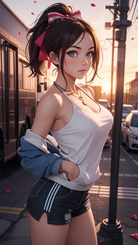 3d,3d background,1girl,bare shoulders,blue eyes,breasts,brown hair,hair ribbon,looking at viewer,necklace,ponytail,ribbon,shirt,multicolored jacket,skirt,shorts,pose,closed mouth,
masterpiece,best quality,scenery,sunset,rose petals,