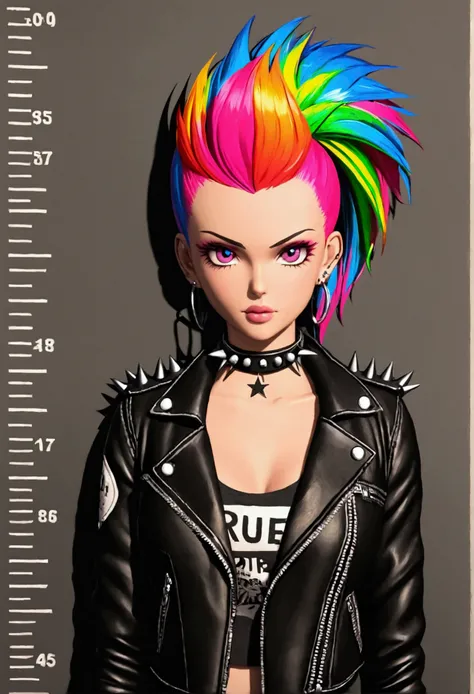 score_9, score_8_up, score_7_up,
(full portrait photography:1.3),absurdres Barbie mugshot, holding, nameplate, holding sign, letterboxed, looking at viewer, mugshot, english text,Punk woman with vibrant mohawk,rainbow hair, Rule of thirds composition, Hair...