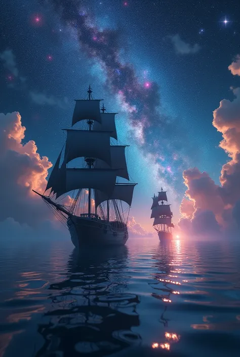 Realistic photo of Portuguese black ships flying in the middle of the starry sky, Celestial Bodies, Colorful Stars々The shining night sky, The Milky Way Galaxy in the background, Fantasy Theme, Ship sailing above the clouds, Ships appearing from the sky, A ...