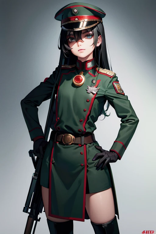 a young girl in military uniform, wearing a black hat, shoulder-length hair, sly smile, high boots, thigh holster, gloves, rifle, large bust, (slit skirt:1.2), (best quality,4k,8k,highres,masterpiece:1.2),ultra-detailed,(realistic,photorealistic,photo-real...