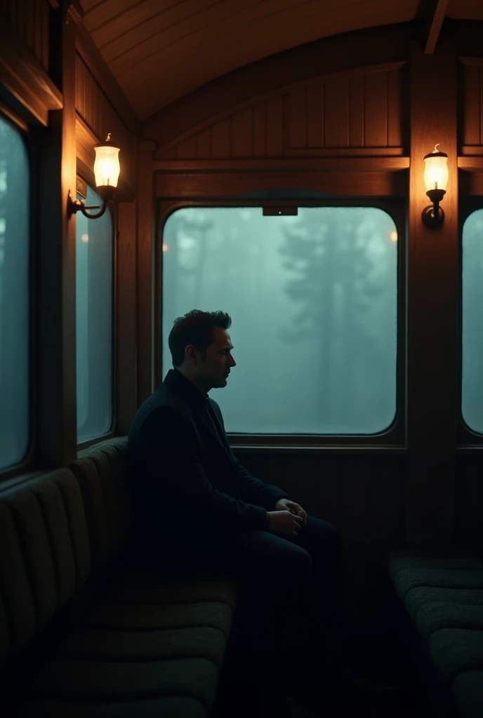 A silhouette or image of a man with a distant expression,sitting in a corner of the carriage 4k