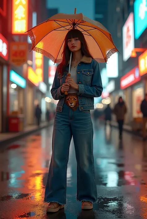 Image magnifique, détails 8K, un mannequin portant un jean avec ceinture portant la tête de lion , tenant un parapluie dhiver en dentelle, se tenant directement devant nous et nous regardant, limage est directement proche du spectateur, elle ressemble à un...