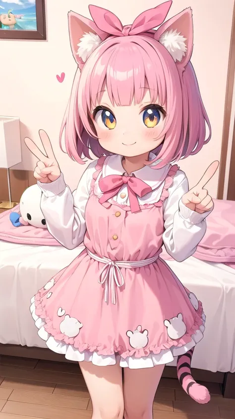 One girl,Animal ears,Tail,View your viewers,smile,Peace sign,Cute pink room,Heart Items,ribbon,standing,Upper Body,Bob Hair, 