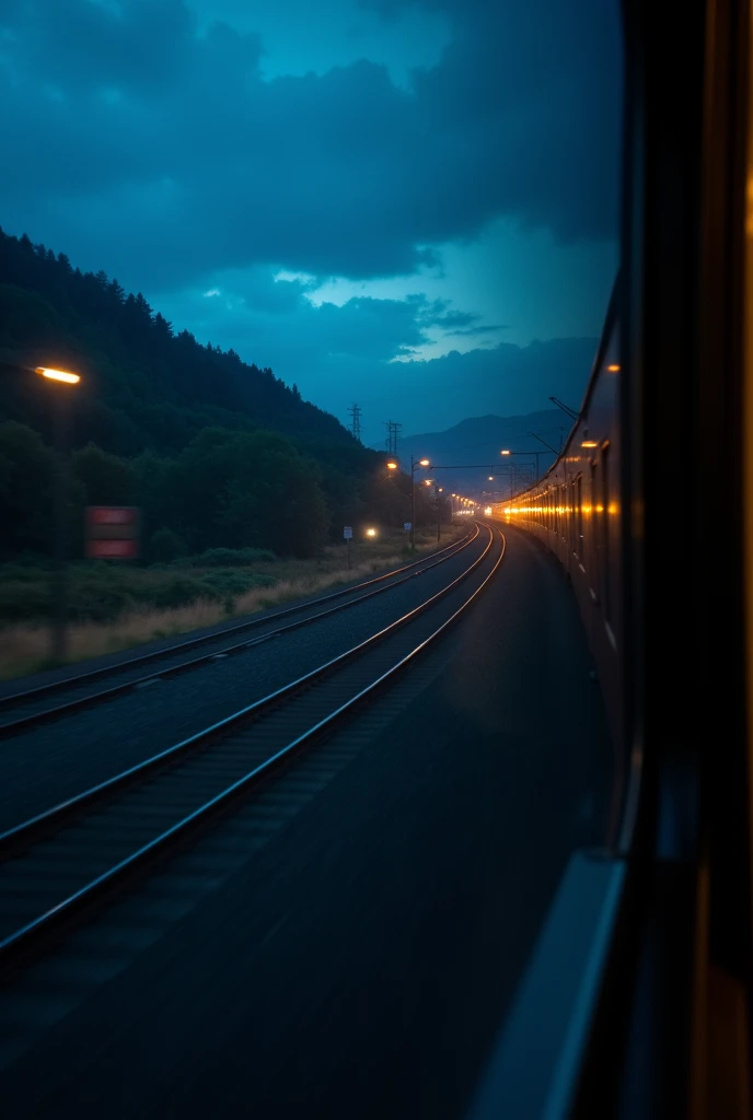 A photo of the view from the train window,with shadows and lights passing quickly,to represent the 4k trip at night.