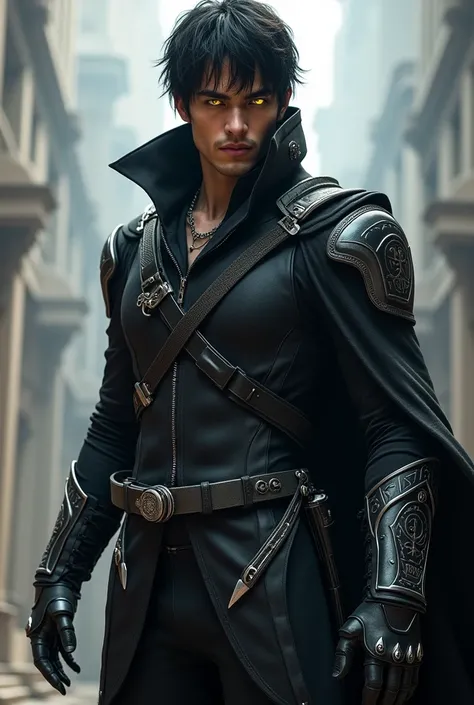 Raiden Crosswind is a tall man, lean figure with a sharp jawline, high cheekbones, and pale skin. His supernatural glowing golden eyes are framed by short, tousled jet-black hair. He wears a sleek, black tactical Vest with a hood attached that flows behind...