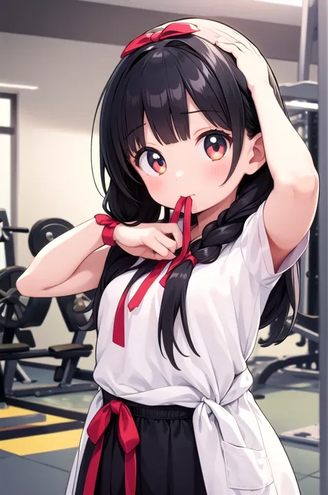 One girl,View your viewers,Jersey,ribbon,standing,Upper Body,high quality, Very detailed, Black Hair, Trying to tie up her hair,Ribbon on mouth,gym,cute