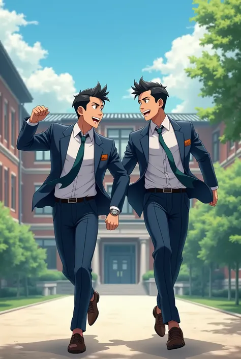 Anime two men in suits running to a school looking at each other smiling 