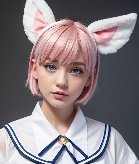 skistyle, 1girl, solo, pink hair, animal ears, blue eyes, wings, looking at viewer, mole, bangs, short hair, bow, sailor collar, simple background, white sailor collar, mole under mouth, hair bow, pink bow, closed mouth, shirt, white shirt, bear ears, bob ...