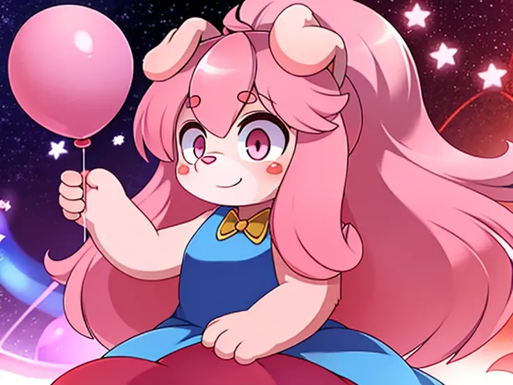 furry child cute pink dog pink hair pink eye pink nose long hair star on hair dress holding balloon background amusement park ch...